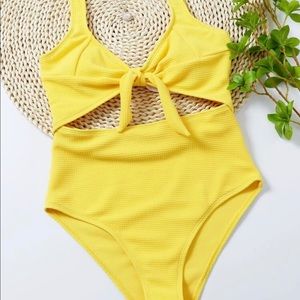 Textured Cut-out Knot Front One Piece Swimsuit